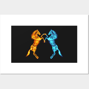 Flaming Fire And Ice Fighting Horses Posters and Art